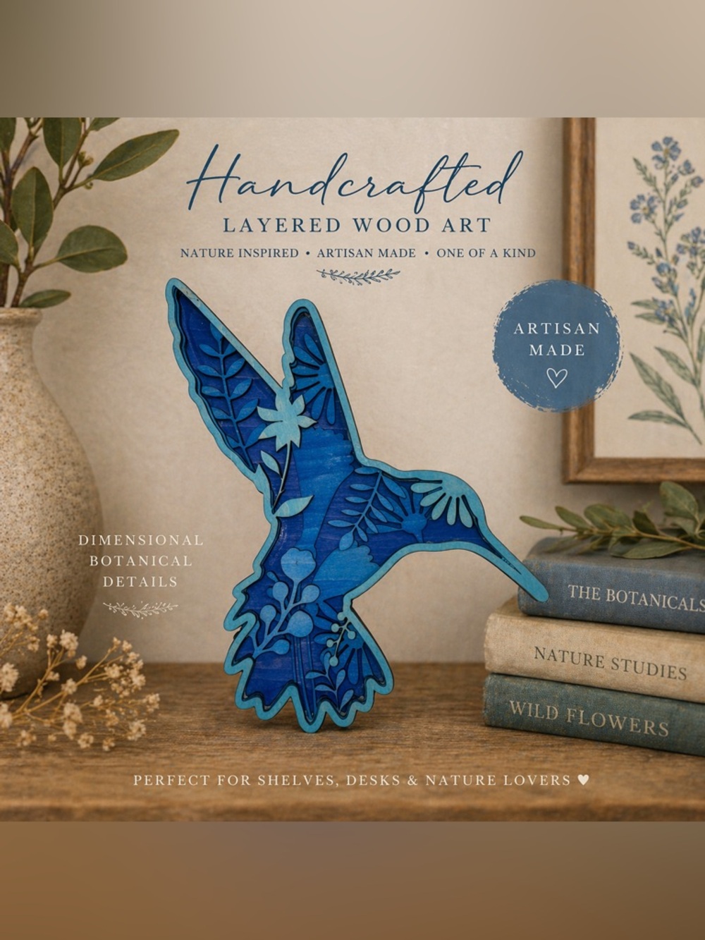 Handmade Layered Wood Hummingbird Art Blue Botanical Bird Decor One of a Kind